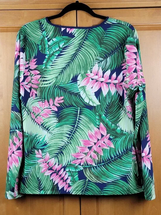 Lands' End Women's Tropical Floral Print Long Sleeve Rash Guard Swim Shirt - L - Picture 3 of 6